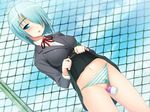  1girl blue_eyes blush censored fence game_cg nitroplus open_mouth panties public rooftop school_uniform short_hair skirt skirt_lift sky solo striped striped_panties sumaga underwear vibrator wet 