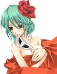  bare_shoulders breasts cleavage copyright_request flower green_hair minamiyama_sora mouth_hold red_eyes red_flower red_rose rose small_breasts solo 