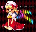  argyle argyle_background bad_id bad_pixiv_id blonde_hair blush character_name dress flandre_scarlet hat heart kneeling rainbow_order red_dress red_eyes ribbon short_hair solo touhou wings 