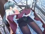  against_tree aqua_hair bangs blush coat day dress dress_lift dutch_angle game_cg green_eyes green_panties gusset jpeg_artifacts leaning long_hair mashiro_botan minazuki_haruka misato_miku outdoors panties panties_under_pantyhose pantyhose snow solo standing thighband_pantyhose tree underwear winter winter_clothes winter_coat 