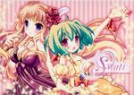  absurdres blonde_hair blue_eyes blush breasts cleavage dress flower green_hair highres inugahora_an long_hair macross macross_frontier medium_breasts microphone multiple_girls ranka_lee red_eyes ribbon sheryl_nome short_hair smile 