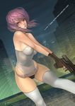  belt breasts cleavage covered_nipples fingerless_gloves ghost_in_the_shell ghost_in_the_shell_stand_alone_complex gloves gun kusanagi_motoko large_breasts lokman_lam loose_belt purple_hair red_eyes sideboob solo thighhighs weapon 