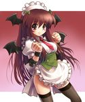  apron bat_wings borrowed_design commentary_request cowboy_shot framed_breasts head_wings katahira_masashi koakuma long_hair necktie red_neckwear solo thighhighs touhou underbust wings 