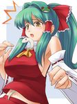  breasts cosplay detached_sleeves green_hair hair_intakes hair_tubes hakurei_reimu hakurei_reimu_(cosplay) kochiya_sanae large_breasts long_hair ponytail sideboob snake solo surprised tdk touhou 