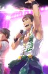  2boys 8_(yamalu) akuno_hideo arm_up chest clothes_around_waist dog_tags frame_(idolmaster) idol idolmaster idolmaster_side-m jacket_around_waist male_focus microphone multiple_boys muscle open_mouth popped_collar purple_eyes shingen_seiji sleeveless smile solo_focus stage_lights starting_brighty wristband zipper_pull_tab 