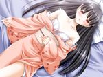  ayukawa_sanae bare_shoulders bed black_hair blush bra game_cg japanese_clothes kimono lingerie long_hair lying non-web_source on_back peko red_eyes solo strap_slip touji_no_sato underwear 