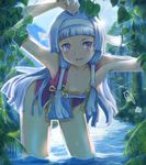  armpits bad_id bad_pixiv_id bangs bent_over blue_hair blunt_bangs blush bottomless downblouse flat_chest hair_tubes hairband kannagi long_hair mayo_riyo nagi no_bra no_panties no_pants purple_eyes skirt smile solo wading water wet 