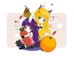  animal_ears bangs black_dress blunt_bangs bunny_ears carrot cat_ears cat_tail chibi copyright_request dress food fruit illusionk long_sleeves looking_at_viewer minigirl multiple_girls object_hug orange red_eyes simple_background tail white_background 