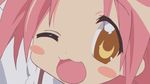  ;3 ;d absurdres blush_stickers close-up face highres kogami_akira looking_at_viewer lucky_star non-web_source one_eye_closed open_mouth orange_eyes pink_hair smile solo vector_trace 