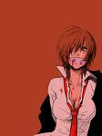  a-ka bad_id bad_pixiv_id bdsm blood bondage bound breasts brown_eyes brown_hair cleavage gag gagged improvised_gag large_breasts meiko necktie short_hair solo tape tape_gag tears vocaloid 