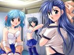  angry blue_eyes blush bra gakuen_paradise!! game_cg gym_uniform hair_ribbon lingerie locker locker_room multiple_girls navel red_eyes ribbon school_uniform skirt surprised thighhighs underwear undressing yamamoto_kazue yellow_eyes 