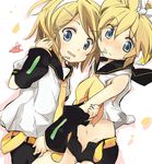  1girl blonde_hair blue_eyes brother_and_sister cosplay costume_switch crossdressing ixy kagamine_len kagamine_rin navel siblings twins vocaloid 