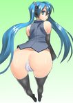  aji_(aziazi) ass bent_over blue_eyes blue_hair bottomless detached_sleeves from_behind hatsune_miku headphones leaning_forward long_hair looking_back maebari solo thighhighs twintails vocaloid 