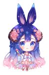  1girl :d animal_ears asymmetrical_legwear big_head blue_eyes blue_hair blush bow breasts brown_legwear bunny_ears chibi commentary commission curled_horns dango dress flower food full_body gradient_hair hair_flower hair_ornament hands_up holding holding_food long_hair long_sleeves looking_at_viewer multicolored_hair natsumii_chan open_mouth original pink_dress pink_flower pink_footwear pink_hair pleated_dress sanshoku_dango see-through shoes simple_background single_thighhigh small_breasts smile solo standing striped striped_footwear striped_legwear thighhighs vertical-striped_legwear vertical_stripes very_long_hair wagashi white_background white_bow wide_sleeves 