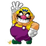  facial_hair fat fat_man gloves hat lowres mario_(series) mustache nintendo official_art overalls smile super_mario_bros. teeth v wario wario_land 