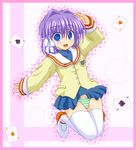  blue_eyes card card_background clannad floating_card fujibayashi_ryou hikarizaka_private_high_school_uniform marimo_(artist) panties pantyshot purple_hair school_uniform short_hair solo thighhighs underwear 