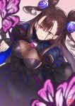  1girl bangs black_dress breasts brown_hair bug butterfly double_bun dress fate/grand_order fate_(series) frilled_dress frills gem goemon1110 hair_between_eyes hair_ornament highres insect large_breasts long_hair long_sleeves looking_at_viewer murasaki_shikibu_(fate) puffy_long_sleeves puffy_sleeves purple_eyes sleeves_past_wrists smile solo very_long_hair 