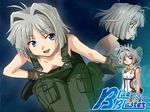  antenna_hair blue_blaster blue_eyes blush breasts downblouse gloves hand_on_hip naked_overalls no_bra overalls patricia_mcginear short_hair silver_hair sitting small_breasts smile solo space uniform uon_taraku wallpaper 