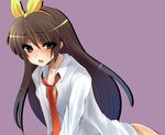  bad_id bad_pixiv_id blush brown_eyes brown_hair crossdressing hair_ribbon little_busters! long_hair male_focus masayu naoe_riki necktie no_pants open_mouth otoko_no_ko ribbon school_uniform solo sweat yellow_eyes 