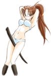  artist_request bokken bra brown_hair copyright_request lingerie long_hair non-web_source panties ponytail solo sword underwear underwear_only weapon white_panties wooden_sword yellow_eyes 