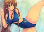  breast_hold breasts code_geass green_eyes huge_breasts leg_lift long_hair one-piece_swimsuit orange_hair shirley_fenette single_vertical_stripe solo swimsuit yoko_juusuke 