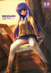  blush clannad cover doujinshi fujibayashi_kyou highres hikarizaka_private_high_school_uniform long_hair panties pantyshot pantyshot_(sitting) purple_eyes purple_hair school_uniform shinano_yura sitting skirt solo striped striped_panties thighhighs underwear upskirt white_legwear 