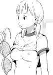  bra breasts greyscale holding holding_bra lingerie medium_breasts monochrome nipples original shirt shirt_lift solo t-shirt twintails underwear yamane_masato 