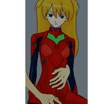  bangs blonde_hair blue_eyes bodysuit breasts cowboy_shot expressionless gen grey_background groping hair_between_eyes half-closed_eyes hand_on_another's_stomach hands long_hair looking_at_viewer lowres neon_genesis_evangelion number oekaki pilot_suit plugsuit reach-around simple_background small_breasts solo_focus souryuu_asuka_langley turtleneck 