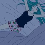  bed boxers green_hair higurashi_no_naku_koro_ni long_hair lowres mu-ko oekaki shirt sleeping solo sonozaki_shion t-shirt underwear 