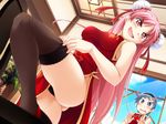  black_panties blue_eyes blue_hair blush bun_cover china_dress chinese_clothes double_bun dress dutch_angle fang game_cg hairband kurumizawa_suzuki leg_lift legs long_hair multiple_girls non-web_source open_mouth panties pantyshot pink_eyes pink_hair sena_yuu short_hair sleeveless takeya_masami te_to_te_try_on thighhighs underwear 