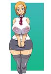  areolae breast_squeeze breasts copyright_request curvy glasses huge_breasts necktie see-through solo tetrodotoxin thighhighs wide_hips 