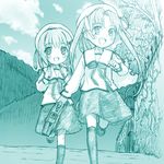  2girls :d aged_down aqua_theme arm_at_side backpack bag blush briefcase child clenched_hand day fate/stay_night fate_(series) hair_ornament hair_ribbon hairclip happy hat holding_strap kneehighs long_hair long_sleeves lowres matou_sakura monochrome mountain multiple_girls neck_ribbon open_mouth outdoors parted_bangs plant ribbon road running school_hat school_uniform serafuku shoes short_hair siblings sisters skirt sky smile socks st_parasu tohsaka_rin tree twintails very_long_hair vines wall 