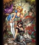  2girls alice alice_(wonderland) alice_in_wonderland artist_request blonde_hair bow card cards cheshire_cat flower mad_hatter multiple_girls mushroom paint rabbit ribbon sitting thighhighs tweedle_dee tweedle_dum white_roses 