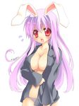  animal_ears blush breasts bunny_ears cleavage large_breasts long_hair mitsuki_michitaka open_clothes open_mouth open_shirt panties purple_hair red_eyes reisen_udongein_inaba shirt solo touhou underwear 