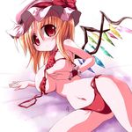  alternate_breast_size bikini blonde_hair breast_lift breasts flandre_scarlet hat jpeg_artifacts large_breasts miuku_(marine_sapphire) red_bikini red_eyes solo swimsuit touhou wardrobe_malfunction wings 