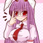  adjusting_eyewear animal_ears arayama_reiichi bespectacled blush breasts bunny_ears covered_nipples glasses happy large_breasts long_hair lowres necktie purple_hair red_eyes red_neckwear reisen_udongein_inaba smile solo touhou 