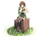  armor breasts brown_eyes brown_hair copyright_request medium_breasts nipples short_hair shunzou solo thighhighs topless 