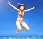  :d aoi_minamo armpits barefoot bikini bow breasts brown_eyes brown_hair cleavage day jumping large_breasts lens_flare minazuki_tsuyuha open_mouth orange_bikini outstretched_arms pink_bow real_drive short_hair smile solo spread_arms swimsuit water 