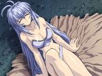  antenna_hair bare_shoulders blanket blue_hair blush bra brave_soul breasts clare_mcfadden cleavage closed_eyes game_cg grass large_breasts lingerie long_hair mogudan night outdoors panties sitting smile solo stomach underwear underwear_only very_long_hair 