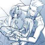  2girls archer blue blush fate/stay_night fate_(series) hair_dryer lowres matou_sakura monochrome multiple_girls st_parasu toosaka_rin younger 