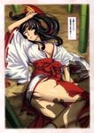  ass black_hair blush breasts cleavage eiwa hakama highres japanese_clothes large_breasts long_hair lying miko queen's_blade red_hakama ribbon-trimmed_sleeves ribbon_trim sleeping solo tomoe torn_clothes translation_request you_gonna_get_raped 