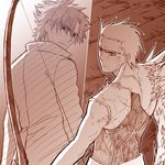  archer artist_request bow_(weapon) emiya_kiritsugu fate/stay_night fate_(series) father_and_son lowres male_focus monochrome multiple_boys pink st_para weapon 