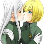  bad_id bad_pixiv_id blonde_hair blue_eyes blush breast_press breasts chiha food gloves gundam gundam_00 kiss long_hair louise_halevy medium_breasts military military_uniform multiple_girls pocky pocky_kiss shared_food short_hair silver_hair soma_peries symmetrical_docking uniform white_hair yellow_eyes yuri 