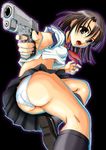  ass bra brown_eyes brown_hair foreshortening gun handgun highres lingerie looking_back midriff onock original panties pistol school_uniform shirt_lift short_hair sig_sauer sig_sauer_p226 skirt solo underwear upskirt weapon white_panties 