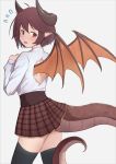  1girl ahoge bangs black_legwear blush brown_eyes brown_hair brown_skirt brown_wings commentary_request curled_horns dragon_girl dragon_horns dragon_tail dragon_wings eyebrows_visible_through_hair fang flying_sweatdrops granblue_fantasy grea_(shingeki_no_bahamut) grey_background hair_between_eyes highres horns long_sleeves looking_at_viewer looking_back manaria_friends open_mouth plaid plaid_skirt pleated_skirt pointy_ears shingeki_no_bahamut shirt simple_background skirt solo tail thighhighs uneg white_shirt wings 
