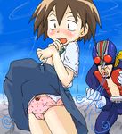  1girl blush brown_eyes brown_hair cameltoe day kamen_rider kamen_rider_v3_(series) kurihara_nagisa lowres non-web_source oekaki panties pantyshot riderman short_hair sketchbook_full_colors sky underwear wind wind_lift 