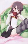  artist_request blush book long_hair reading sakura_musubi sera_karen skirt smile solo striped striped_legwear thighhighs 