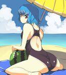  ass barefoot beach blue_hair competition_swimsuit copyright_request day food fruit one-piece_swimsuit red_eyes ryuuta_(msxtr) short_hair sitting solo swimsuit wariza watermelon 