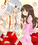  2girls ? artist_request brown_eyes brown_hair buckle cowboy_shot fujiwara_no_mokou houraisan_kaguya looking_at_viewer multiple_girls ofuda pants red_skirt silver_hair skirt speech_bubble spoken_exclamation_mark spoken_question_mark suspenders talking text_focus touhou 