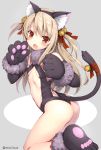  1girl animal_ears ass bangs bare_shoulders bell black_gloves black_swimsuit blonde_hair blush breasts cat_ears cat_paws cat_tail commentary_request elbow_gloves eyebrows_visible_through_hair fang fate/kaleid_liner_prisma_illya fate_(series) fur_collar fur_trim gloves hair_bell hair_ornament hair_ribbon illyasviel_von_einzbern jingle_bell long_hair looking_at_viewer open_mouth osa_(osaosa) paw_gloves paw_shoes paws red_eyes ribbon shoes slingshot_swimsuit small_breasts solo swimsuit tail tail_bell tail_ribbon thighs thong twitter_username two_side_up 
